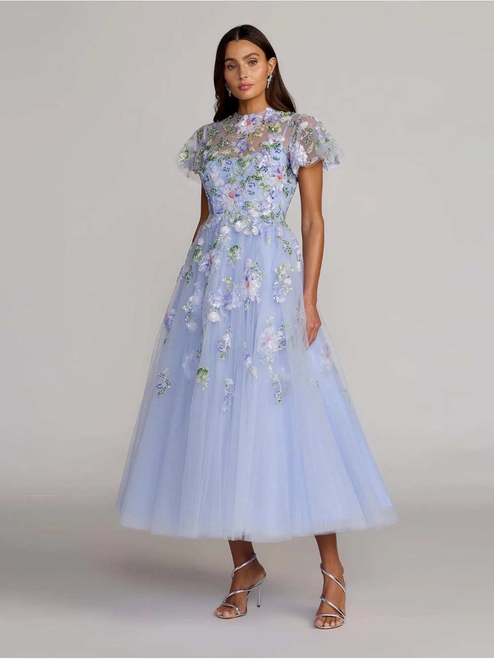 Mac Duggal 69108 Blue Flutter Sleeve Embroidered A-Line Midi Dress Size 6 NWT